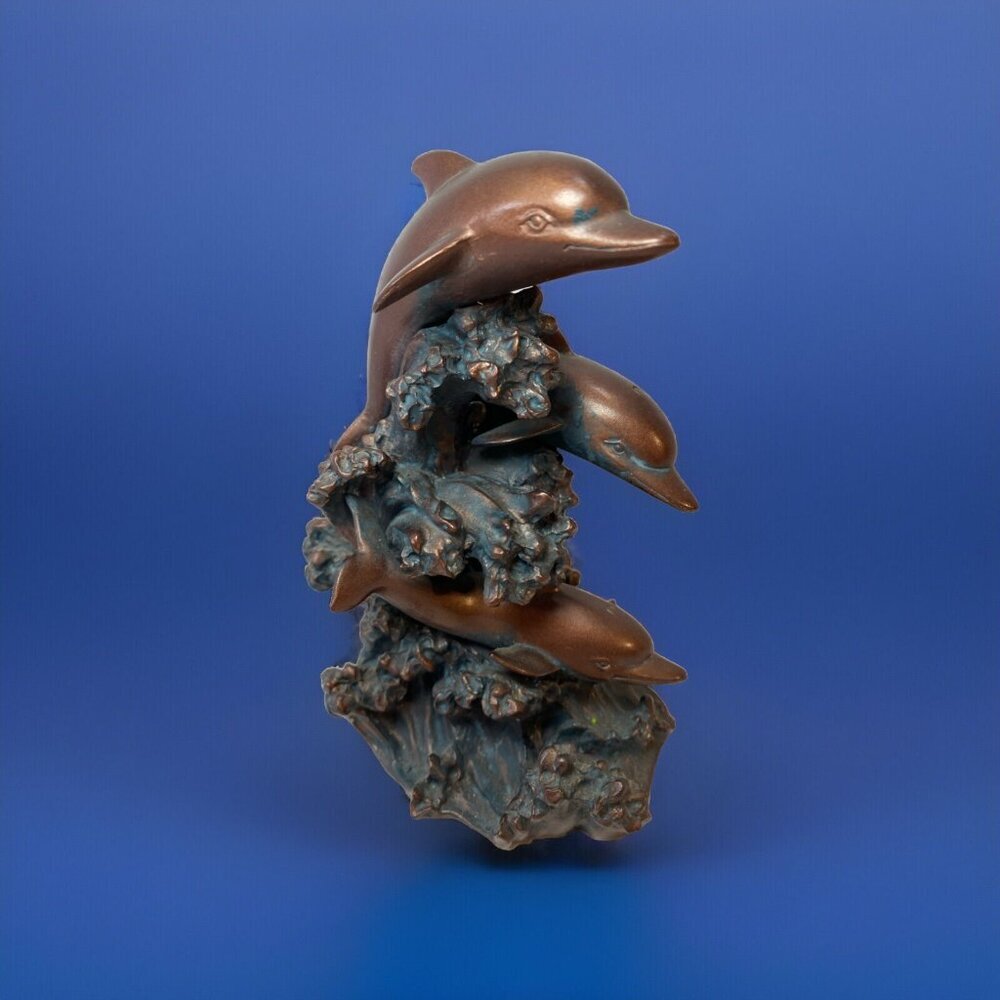 Dolphins Riding‎ Waves Statue Figurine Brown/ Copper Resin Home Decor
